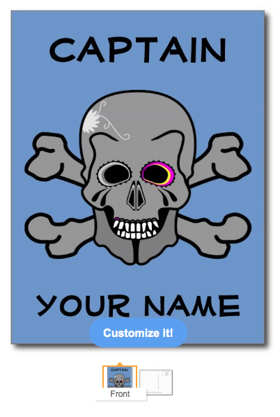 sailing, ship, captain, skull and cross bones, jolly roger, skull, skeleton, cross bones, pirate, pirate ship, personalized, customizable, pink skull, bones, flag, postcard