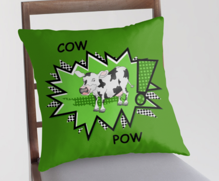 throw pillow, t-shirt, cow, kapow, ka pow, comic, super hero, star, green star, comic strip, pow, fight, art for kids, humour, funny, cows, farm, farm animals, cartoon cow, cute cow, smiling cow, black and white cow