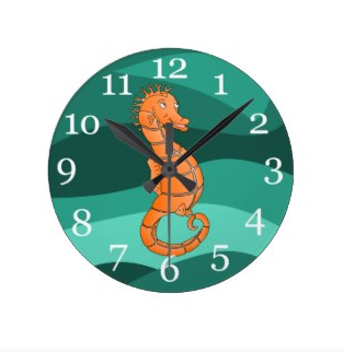 Orange seahorse in the swirling green sea clock by mailboxdisco 