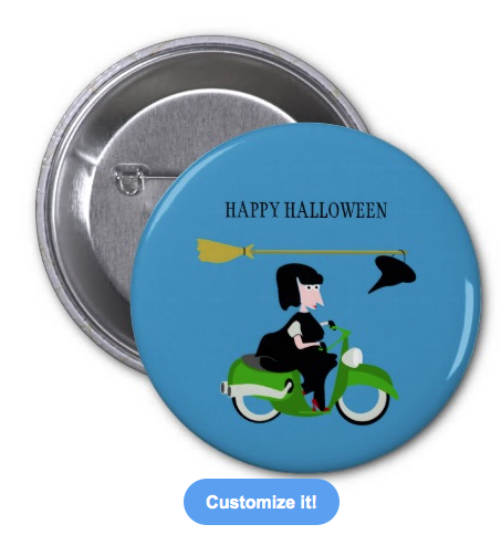 witch, cartoon witch, evil, moped, motorbike, motorcycle, witch on a moped, witch on a scooter, halloween, happy halloween, cute witch, pinback buttons