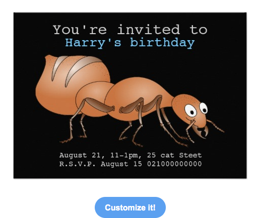 Invitations, birthday party, theme party, smiling insect, ant, insect, cute insect, cute ant, birthday, kids birthday, happy insect, brown ant, collecting insects, Card