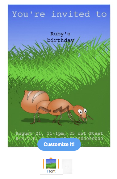 Invitation, ant, brown ant, happy smile, green grass, sunny day, children's party, birthday, kids birthday, birthday party, tall grass, insect party, ant party, happy ant, smiling ant, smiling insect, green field, insect, ants, Cards