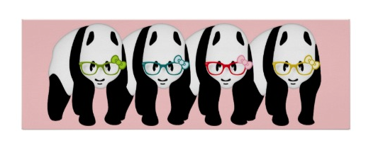 black and white, panda wearing glasses, bear wearing glasses, bear, panda, glasses, animal, animals, pandas, pandas wearing glasses, pink bow, bows, bears, colored glasses, poster
