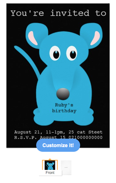Invitations, party, theme party, children, kids, kitten, mouse, mice, blue mouse, fun, childrens, celebration, Card