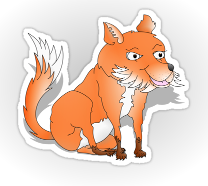 sticker, t-shirt, fox, fox cub, orange fox, bush tail, fox with bushy tail, bushy tailed, cartoon fox, happy fox, smiling fox, sly fox, white chest, white fox, orange and white fox