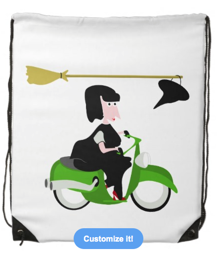 moped, green moped, geen motorbike, green motor cycle, witch, evil witch, cute witch, witch riding a motor, funny witch, halloween, Cinch bags