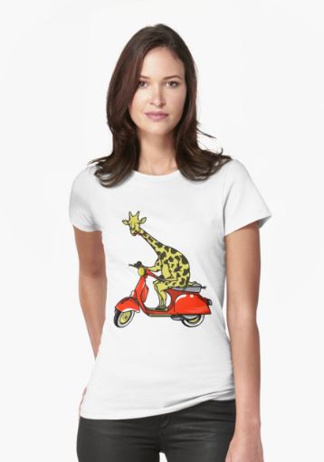 giraffe riding a moped, moped, scooter, vesper, giraffe, t-shirt